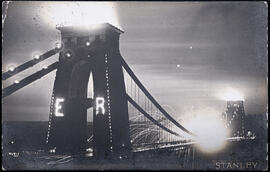 Postcard showing the Clifton Suspension Bridge illuminated for the visit of King Edward VII in 1908